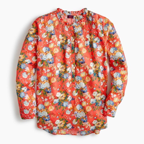J CREW X LIBERTY Classic Popover Blouse Coral Floral Ruffle Collar Pintucking 4 - Picture 2 of 6